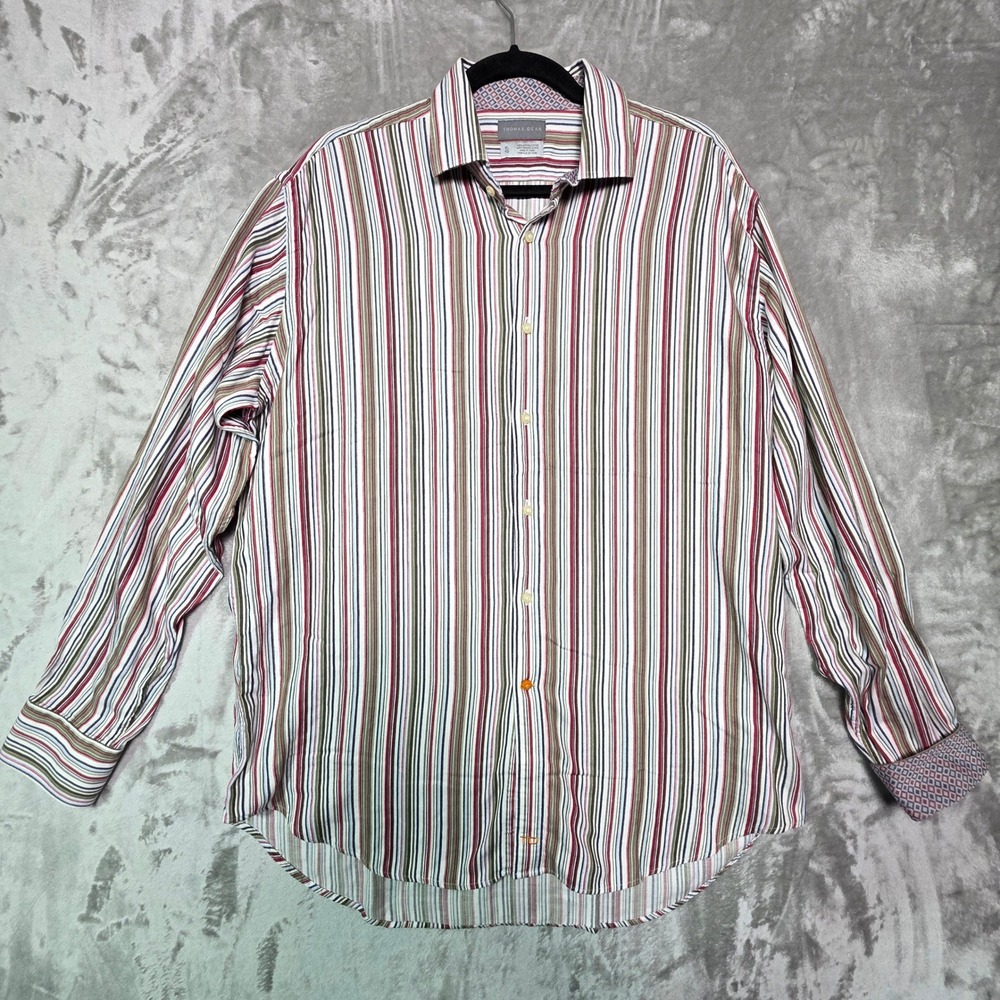 Thomas Dean Mens XL Long Sleeve Striped Cotton Button Down Shirt Multi Color